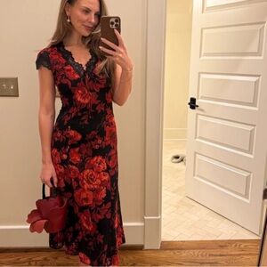 Reformation Black Dress with Red Floral Design